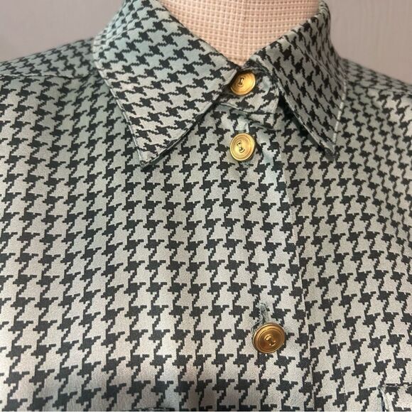 Basler Vintage Light Blue Houndstooth Satin Pajama Style Blouse Button Down Top - Picture 6 of 11